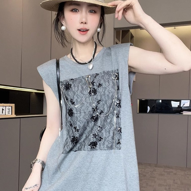 Sleeveless dress for women 2025 summer new style lace splicing hem heavy sequin metal chain round neck long skirt