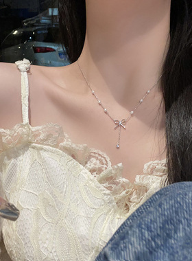 JUSONG KLEIN蝴蝶结项链女夏轻奢ins小众珍珠流苏锁骨链
