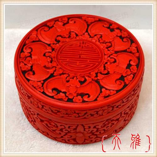 新品北京传统漆器漆雕首饰盒 6寸平盖五福拜寿糖果盒结婚贺礼生日-图0
