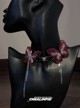 蝴蝶酒红布艺元素复古设计项圈女