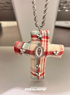 CHEALIMPID/.复古格子布十字架吊坠项链辣妹y2k长款甜酷风毛衣链