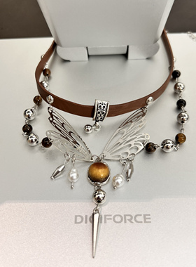 choker/.镂空蝴蝶虎眼石翅膀棕色系项链小众设计甜酷辣妹潮锁骨链