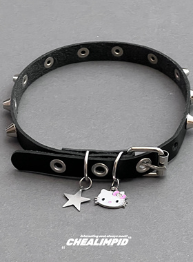 KT猫吊坠铆钉设计项圈皮革男女