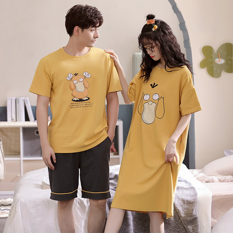 情侣夏季纯棉短袖2021新款卡通睡裙 纯柚睡衣/家居服套装