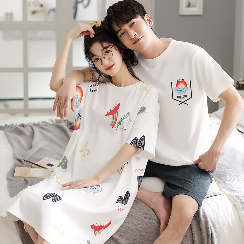 2套价情侣夏纯棉短袖夏季韩版睡裙 纯柚睡衣/家居服套装