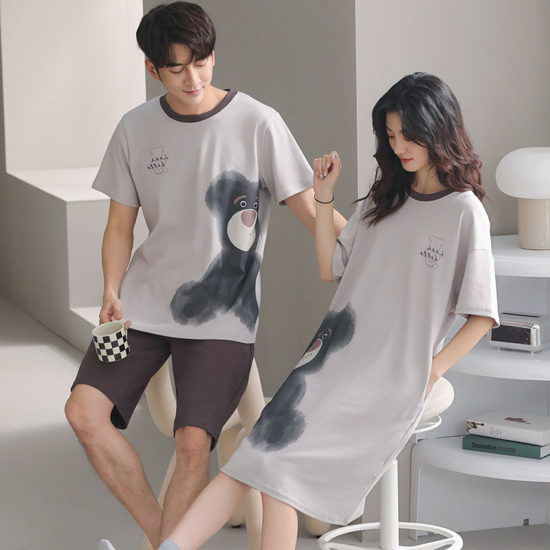 情侣装一男一夏季纯棉短袖卡通睡裙 纯柚睡衣/家居服套装