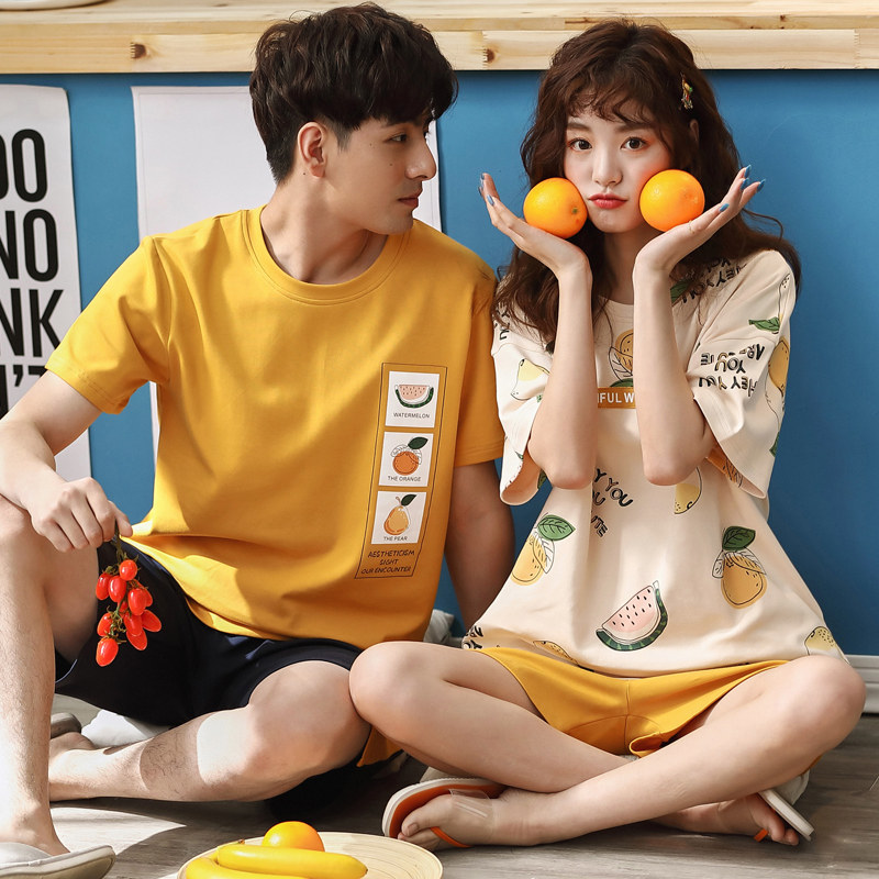2套价情侣夏季纯棉短袖短裤睡衣 纯柚睡衣/家居服套装