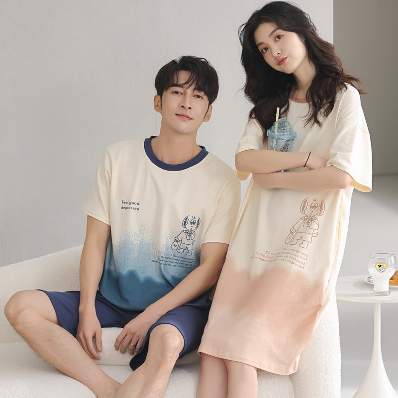 情侣装一男一夏季纯棉短袖卡通睡裙 纯柚睡衣/家居服套装