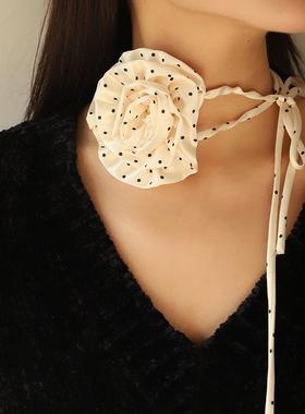 厂家直销肯杰2024新款雪纺波点玫瑰花颈链女欧美跨境长款choker蝴