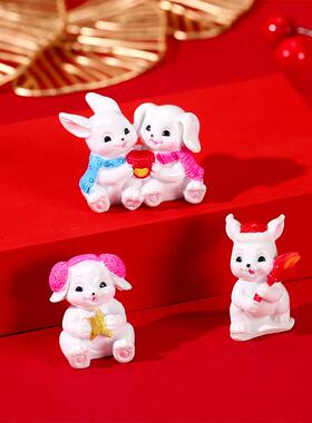 兔年吉祥物迷你仿真小兔子树脂工艺汽车摆件微景观家居装饰品