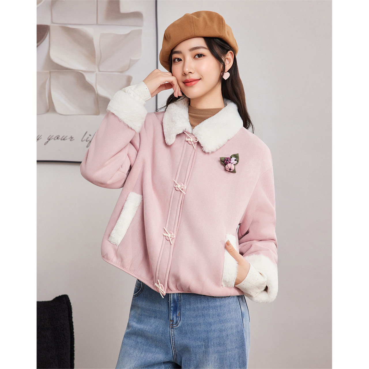 IEF/爱依服2025冬季新款粉色保暖时尚甜美百搭通勤女磨砂皮外套,淘宝优惠券,粉丝福利购,淘宝优惠卷