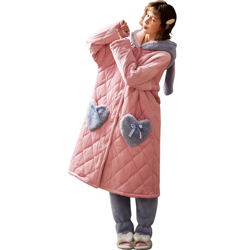 月子服夹棉孕妇秋冬季加绒三层睡袍 芊月母婴家居服套装