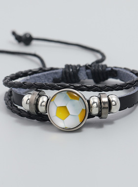 欧美时尚流行饰品个性串珠足球球迷周边皮革手链纪念礼品运动手环