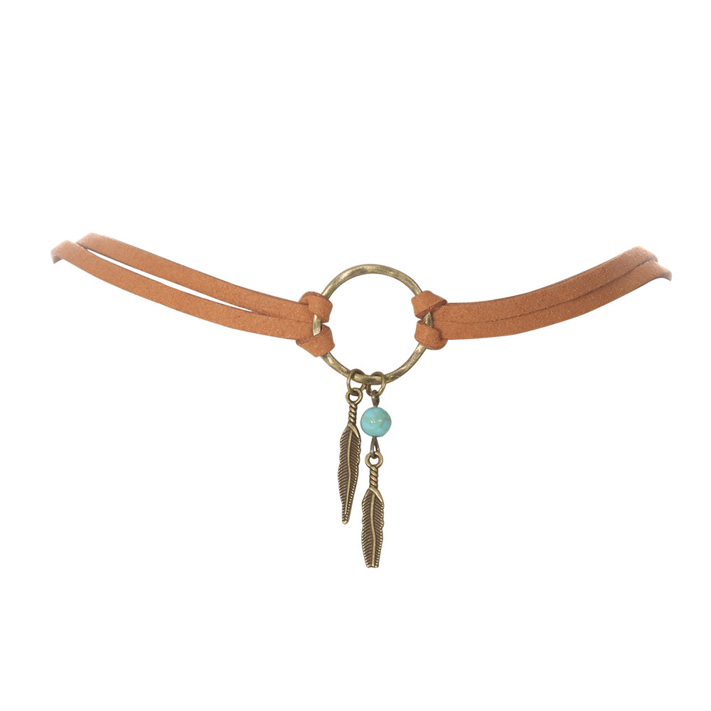 新款欧美复古项链choker古青铜树叶吊坠皮革几何圆环锁骨链 - 图3