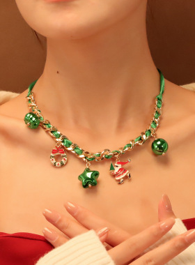 欧美热卖圣诞节项链时尚简约锁骨链红绿白串珠节日项饰NK26240