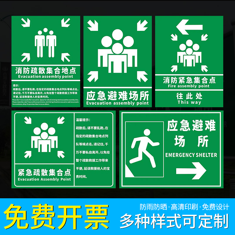 紧急疏散集合点 消防疏散指示标志 应急避难场所 地下防空洞标识标志 立柱式铝板折边反光标牌定制 - 图0