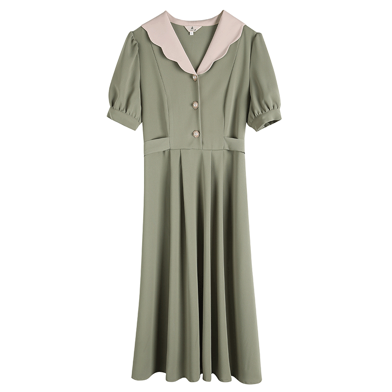 绿色温柔风娃娃领绑带a字裙 芊恬悦连衣裙