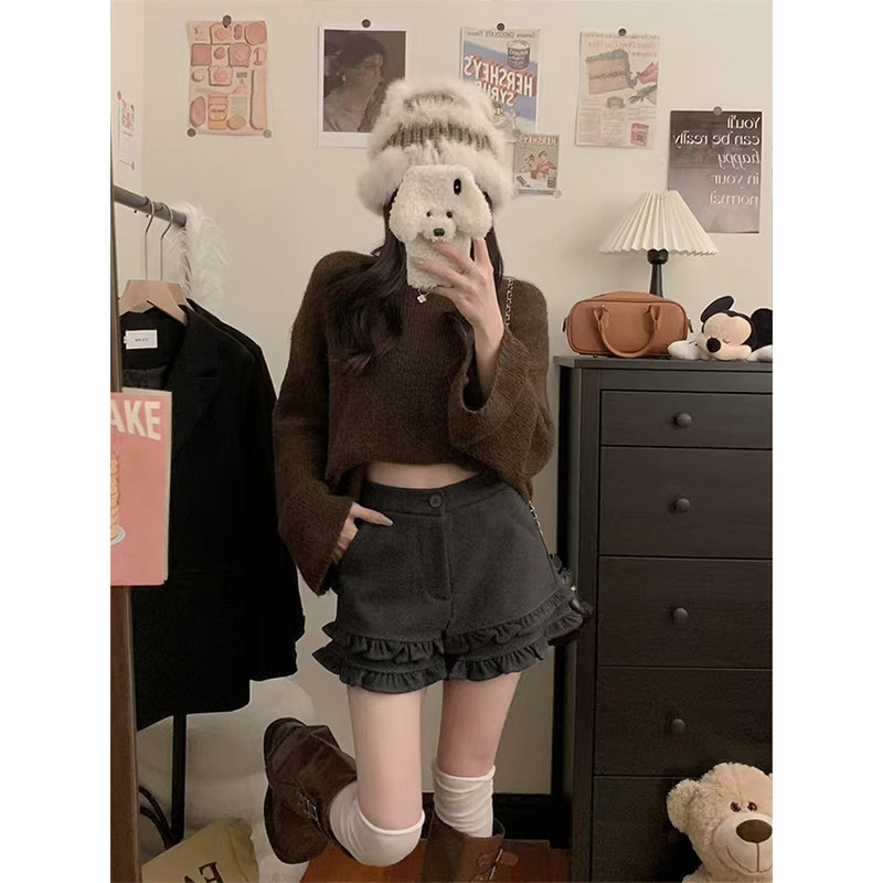 MosesQueen魔西女王荷叶边毛呢短裤女秋冬灰色热裤甜美高腰休闲裤,淘宝优惠券,粉丝福利购,淘宝优惠卷