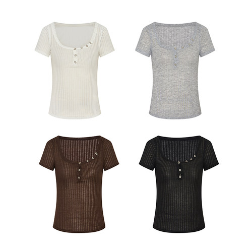 Moses Queen/魔西女王polo性感透视短袖收腰紧身圆领辣妹t恤女夏 - 图3