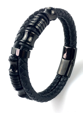 牛皮编织手链手工多层皮革手镯跨境黑色皮绳牛皮男士双层不锈钢