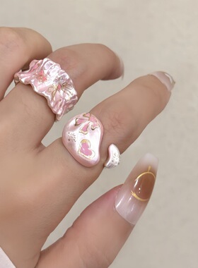 小香风荧光粉手工珐琅滴油猫咪蝴蝶结贴花戒指甜酷感百搭指环