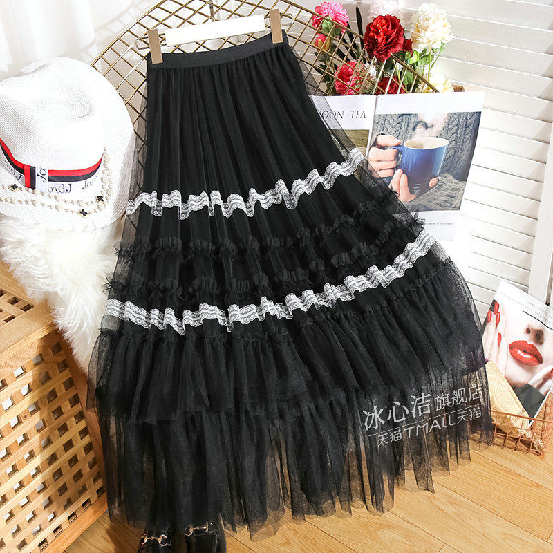 粉色仙女纱裙秋冬加长款高腰半身裙 冰心洁半身裙