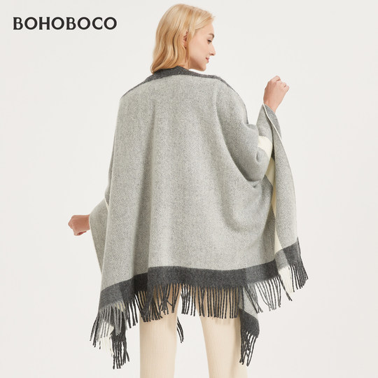 纯羊毛斗篷式披肩外搭女春秋冬厚款保暖围巾高级感外套流苏披风