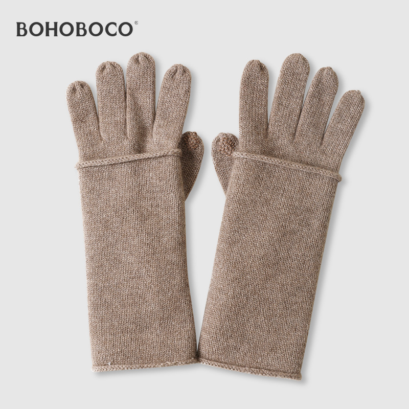 纯羊绒双层触屏手套半指护腕秋冬女两用厚款保暖分指针织两件套1 - 图1