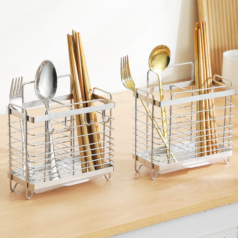 Wall-mounted stainless steel chopstick cage three-compartment drain rack