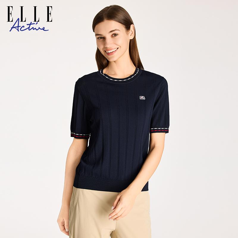 ELLE Active女装短袖针织衫春秋新款提花套头衫气质圆领上衣显瘦