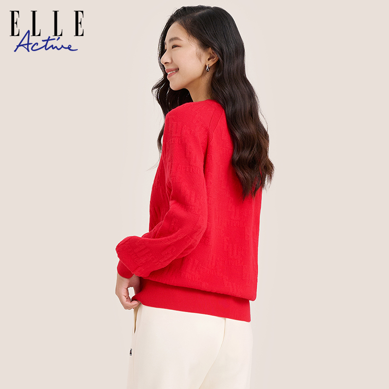 ELLE Active2023秋冬款灯笼袖毛衣女气质新年红色满印提花针织衫