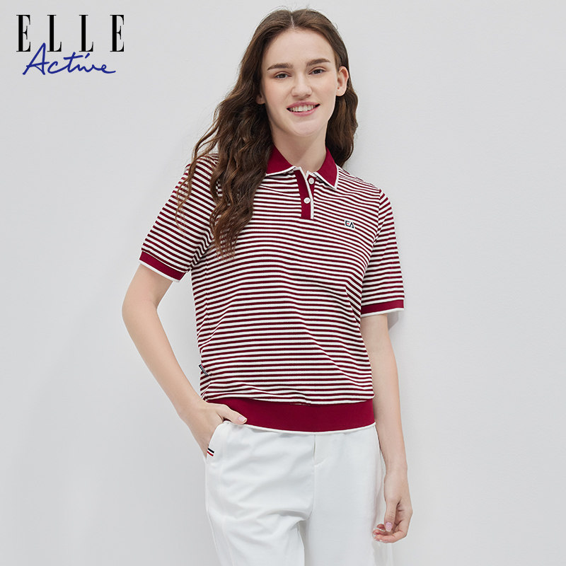 ELLE Active泽西风户外穿搭红条纹t恤女短袖polo衫休闲运动上衣,淘宝优惠券,粉丝福利购,淘宝优惠卷