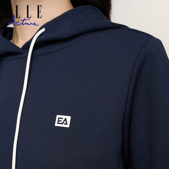 ELLE Active白色连帽卫衣女字母印花运动休闲宽松套头衫长袖上衣