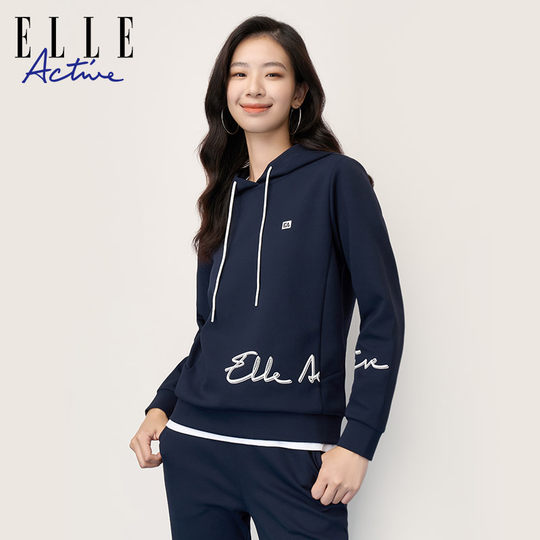 ELLE Active白色连帽卫衣女字母印花运动休闲宽松套头衫长袖上衣
