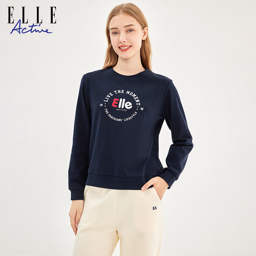 ELLE Active女装新款红色卫衣休闲运动上衣印花字母圆领长袖内搭 - 图0