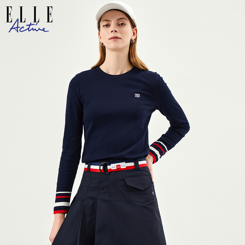 ELLE Active2024春季新款纯棉内搭简约圆领T恤长袖上衣打底衫女-图0