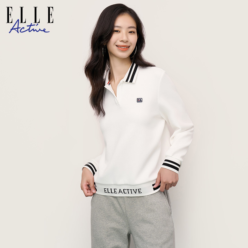 ELLE Active2023秋冬新款白色运动休闲polo领卫衣女宽松长袖上衣