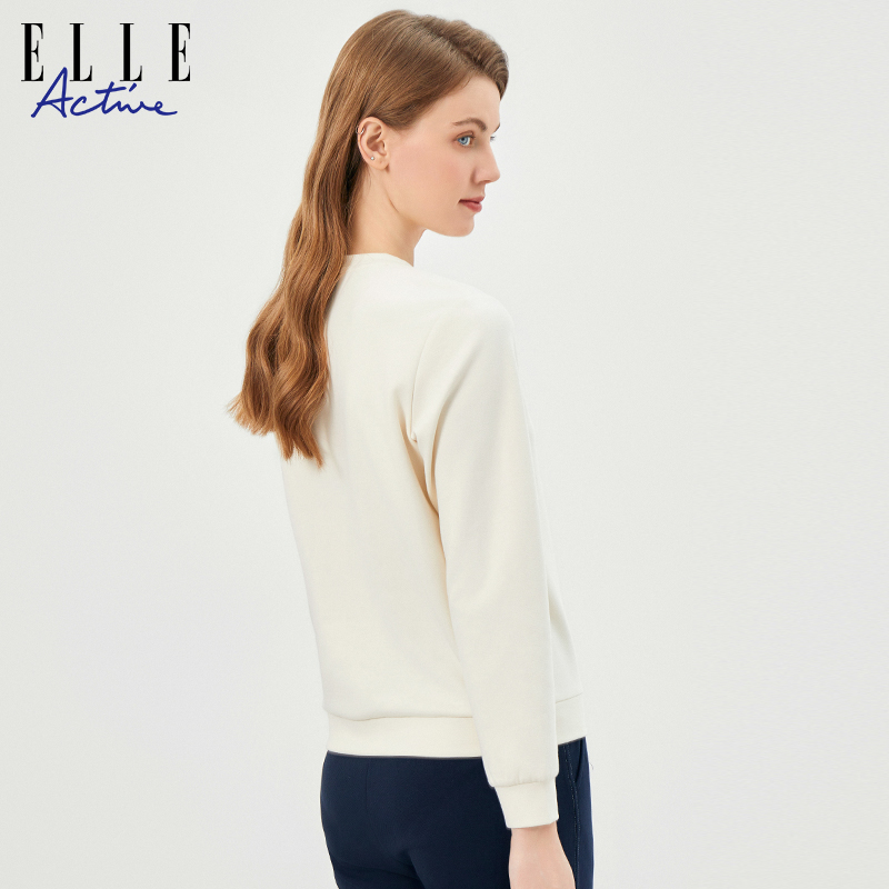 ELLE Active2024春季新款刺绣字母针织卫衣女纯色简约长袖上衣