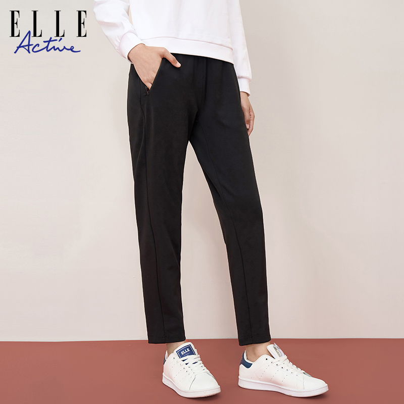 ELLE Active2024春夏黑色针织长裤女易搭直筒休闲裤运动四季裤子-图1