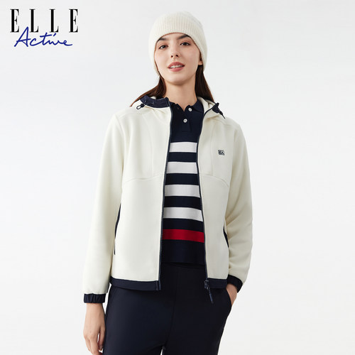 ELLE Active活力减龄户外穿搭紫色摇粒绒连帽外套秋冬保暖抓绒衣 - 图1