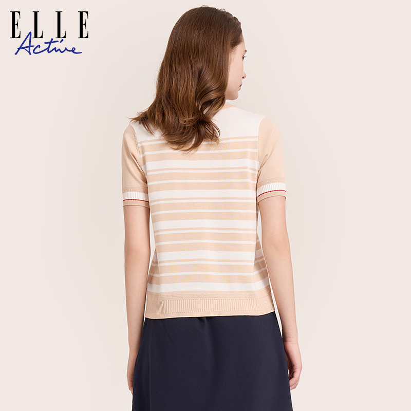 ELLE Active优雅条纹针织衫短袖女2024春夏新款显瘦短款t恤上衣