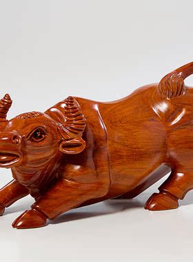 实木雕刻牛摆件家居客厅办公室装饰品开业商务礼品华尔街生肖卧牛