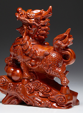 花梨木雕麒麟摆件一对实木麒麟家居客厅办公室门口店铺装饰工艺品