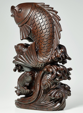 实木雕刻鲤鱼摆件年年有余乔迁新家居礼品客厅玄关柜新中式装饰品