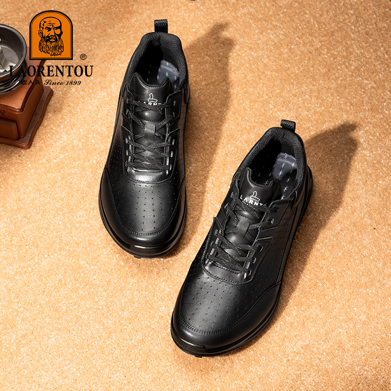 老人头男士运动休闲皮鞋2025新款真皮软底轻便防滑高端商务跑步鞋 - 图1