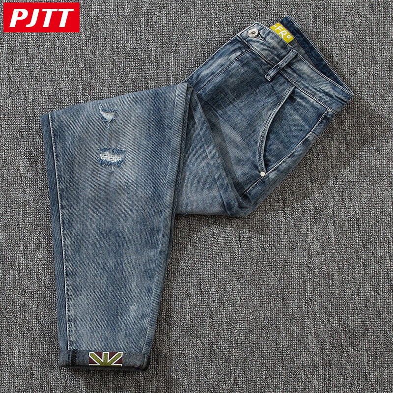 潮牌夏季蓝色九分男修身弹力牛仔裤 pagatuteng牛仔裤