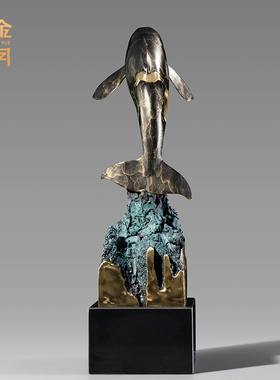《鲸喜临门》铜鲸鱼摆件工艺品新中式中古家居客厅玄关办公室装饰