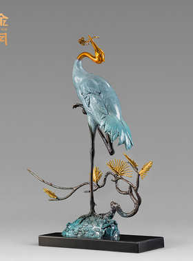 《松鹤延年》全黄铜鹤摆件工艺品新中式家居客厅玄关办公室装饰品