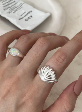 简约925纯银戒指女小众设计感轻奢高级感素圈贝壳造型欧泊石指环