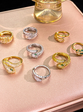 欧美流行爆款蛇形戒指铜镶嵌锆石时尚百搭指环满钻轻奢感饰品